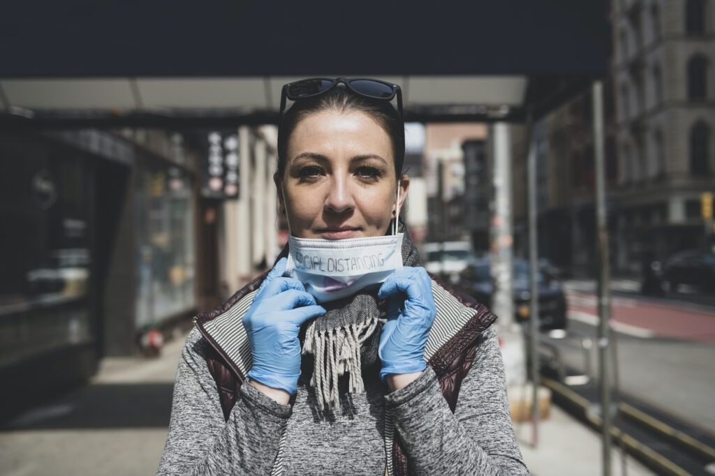 woman with mask social distancing