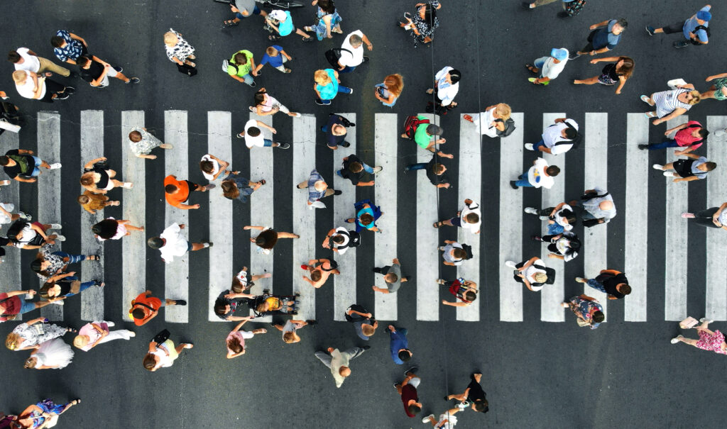 aerial pedestrians on pedestrian crosswalk