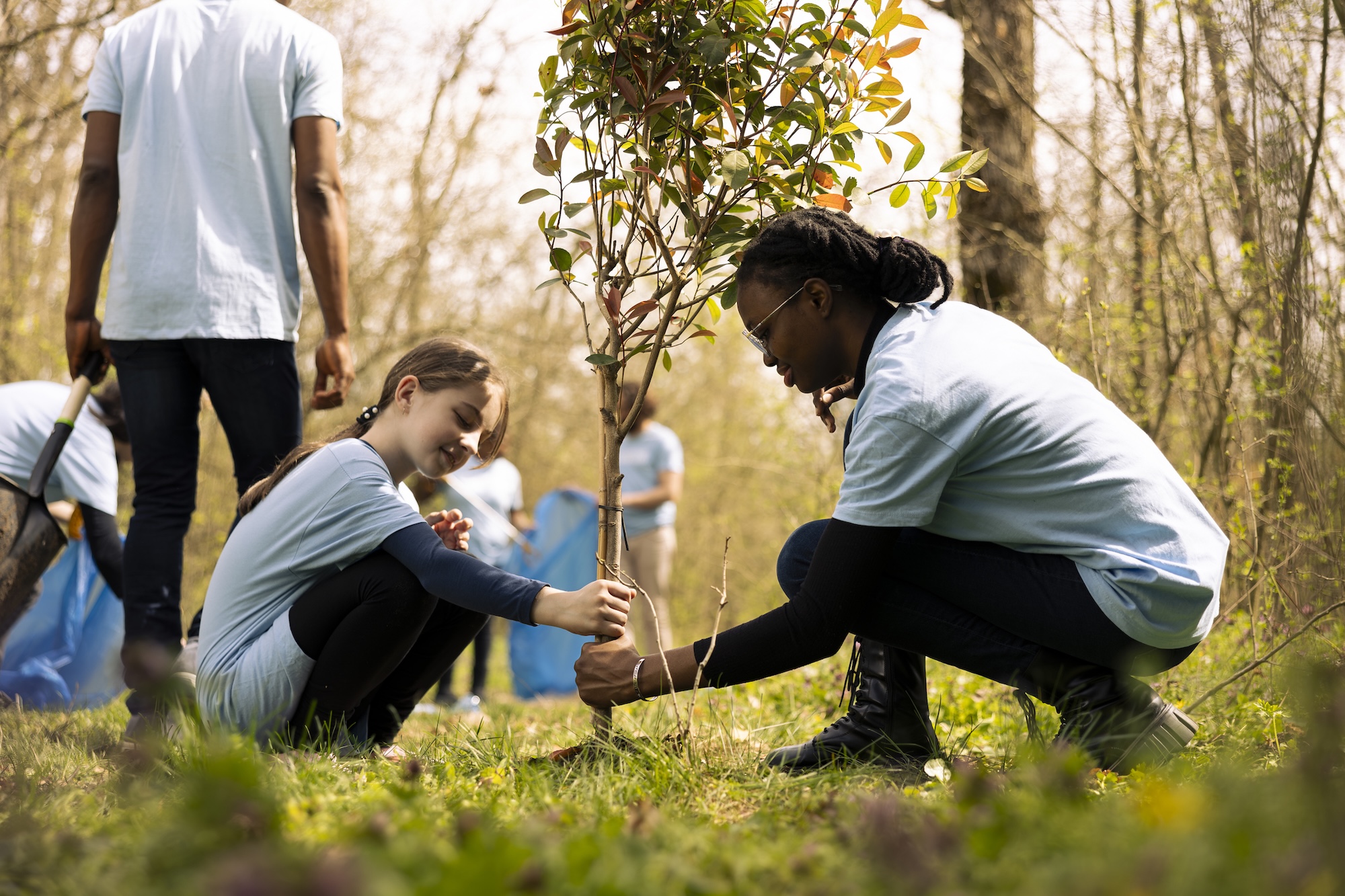 Two diverse activists working together to plant more trees and greenery