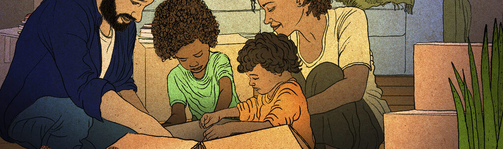 A woman and children looking at a box